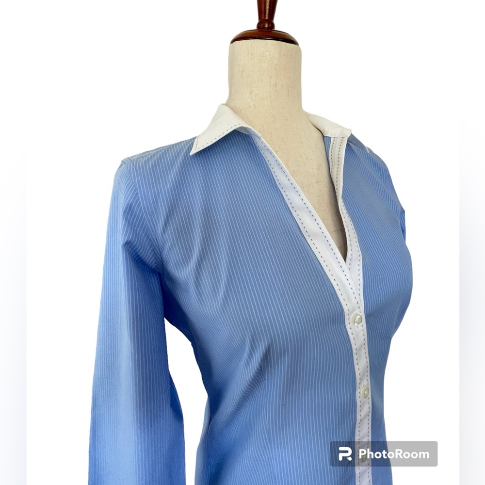Brooks Brothers blue pinstripe white collar button up blouse size 4